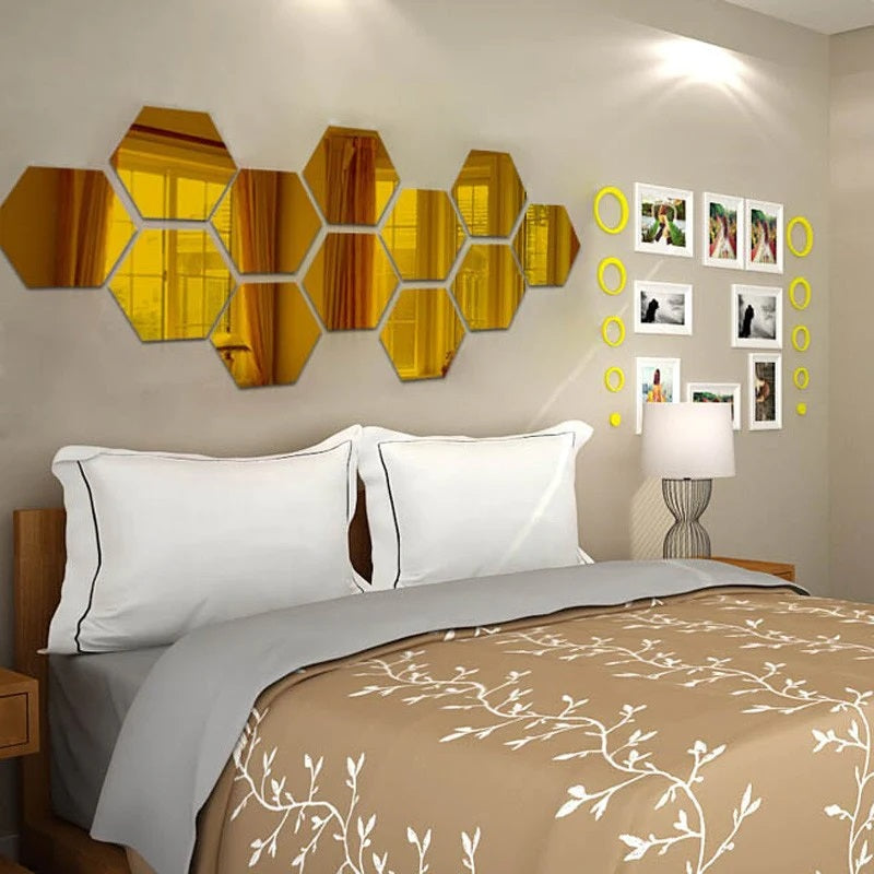 Acrylic Hexagon wall decor Mirror (Gold) - Wall Decorations 4X4 INCHES 6PC (PRODUCT CODE : ACGH))